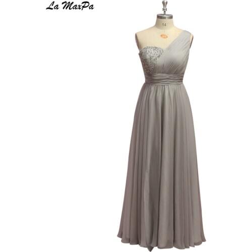 One Shoulder Beaded Chiffon Grey Bridesmaid Dress CMT117