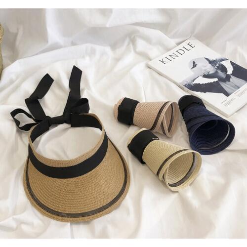 Summer Sunscreen Straw Visor Hat Outing Empty Top Recreational All-match Women Cap Riding Sunshade Adjustable Fashion Hats H7300