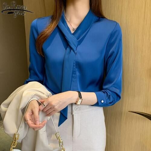 Blue Shirt Female Satin Womens Shirts Fashion Long Sleeve Chiffon Blouse Autumn Overalls for Women Office Lady Style 12191