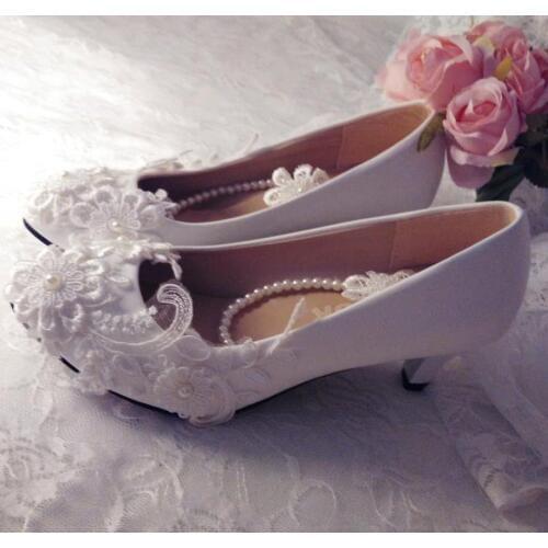 Middle heel slip on ivory wedding shoes lace pearls plus size 41 42 european style bridal bride wedding pumps shoes