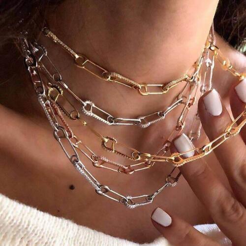 Unique women cloth pin shape chain jewelry Gold color micro pave cz safety pin link chain choker necklace 32+8cm for wedding