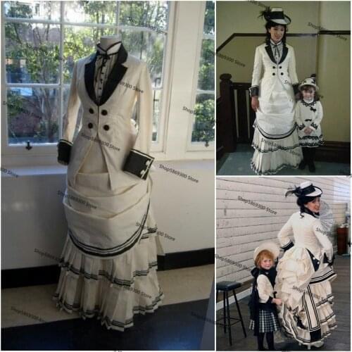 Historical Civil War Southern Evening Formal Dresses with Long Sleeve Black White Victorian ladys Edwardian Lace-up Prom Gowns