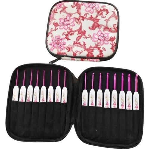 Sweater knitting tool printing crochet hook set plastic hard handle aluminum crochet thin to thick 16 full set with bag needle