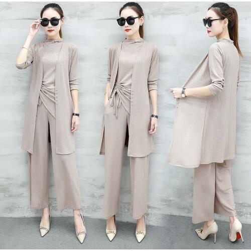 High quality Womens Autumn Winter Pants suit 2018 Plus size 3 piece sets women knit wide legg pant piece set women sets