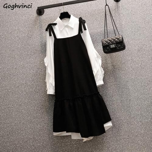Women Sets M-3XL New Arrival Ruffles Korean Style Girls Sweet Solid Loose Single Breasted Shirts Straps Mid-calf Dresses Mujer
