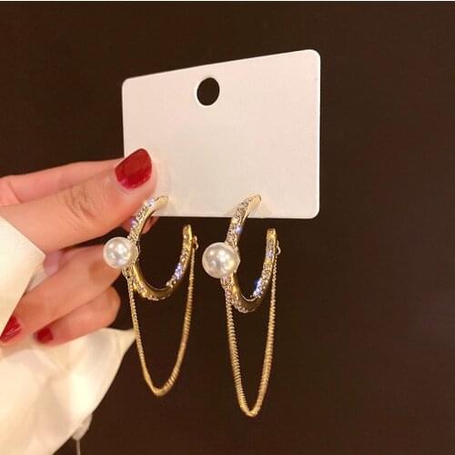 Temperament Shiny Rhinestone Round Imitation Pearl Long Tassel for Women Mujer Gold Color Chain Hoop Earrings Korean Jewelry