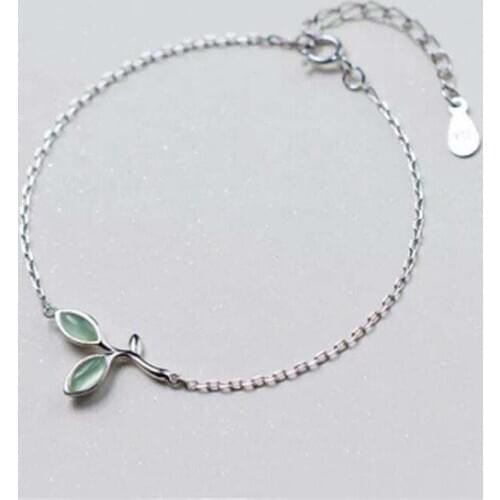925 Sterling Silver Opal Green Leaf Charm Bracelets Link Chain For Women Party Wedding Jewelry sl376