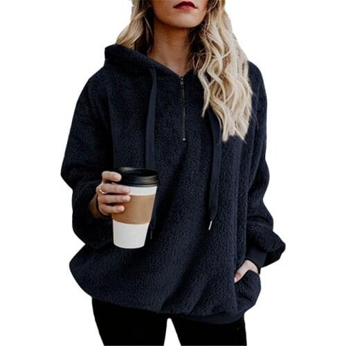 2021 Winter European and American Long Sleeve Zipper Hooded Solid Color Womens Sweater Fleece Jacket sweatshirts Pullovers