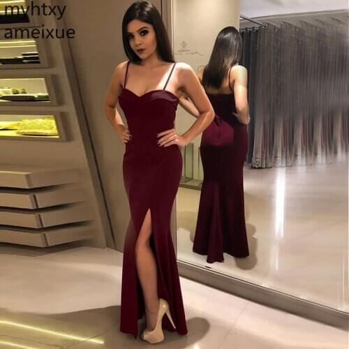 Sexy Sleeveless Spaghetti Strap Plus Size Evening Dresses 2020 Split Long Party Dress Solid Color Mermaid Sheath Robe De Soiree