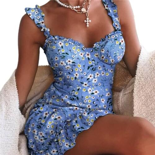 2021 sleeveless floral print ruffles sexy mini dress summer women fashion streetwear holiday beach dress outfits sundress