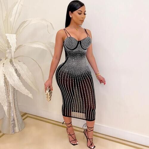 Sparkly Rhinestone Birthday Dress Women Mesh See Through Spagetti Straps Strapless Midi Bodycon Dress Sexy Club Party Dresses