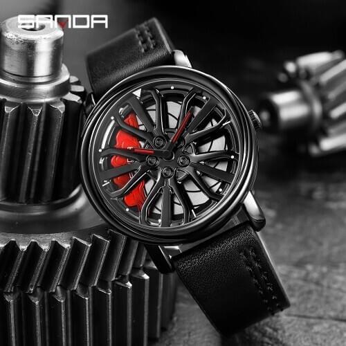Hot Sell Fashion Men Watches Creative 360 Degree Rotating Car Wheel Quartz Watch Leather Waterproof Rim Hub Clock Men Relogio