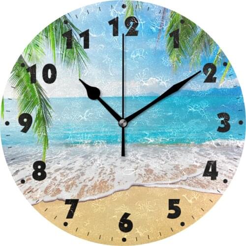 Palm Trees Hawaiian Tropical Seashore Beach Clock Acrylic Painted Silent Non-Ticking Round Wall Clocks Home Decor