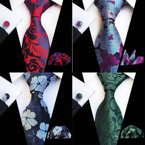 GUSLESON New Fashion Tie Set 8cm Silk Jacquard Mens Necktie Gravata Hanky Cufflinks Set Mens Tie for Wedding Party Gift