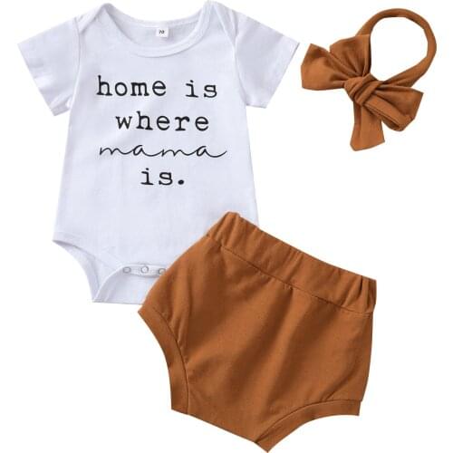 3Pcs Summer Newborn Baby Girls Clothes Sets Baby Letter Romper+Shorts+headband Outfits Set 0-18 Months Clothing