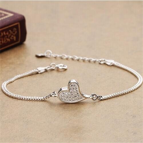 Lady Silver 925 Sterling Bracelet Female Jewelry Cute Zircon Heart Women Bracelet Accessories Lover Trendy Christmas Gift