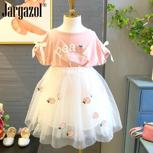 Girls Summer Clothes Set Short Sleeve Pink Cotton Shirt and White Fruit Tutu Skirt Kids Girl Casual Sets Sweet Summer Outfits