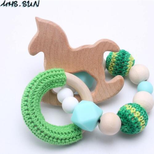 MHS.SUN 2pcs/lot BPA Free Silicone baby bracelets natural wood cute horse teething beads bracelet newborn teether toy jewelry
