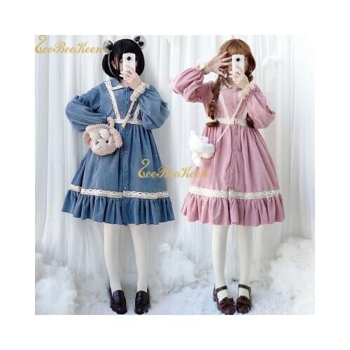 Cute Girls Lolita Dress Halloween Cosplay Costume Women Corduroy Uniform Pink/blue Puff Sleeve Lace Sweet Lolita Princess Dress