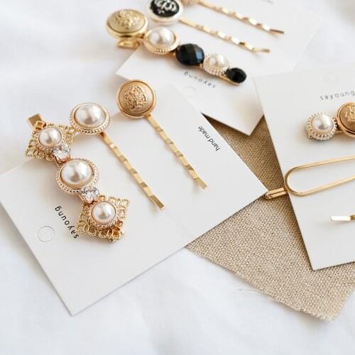 3pcs/set Fashion Hair Accessories Houndstooth Button Imitiation Pearl Hair Clips Metal Heart Star Crystal Hairpin Barrette