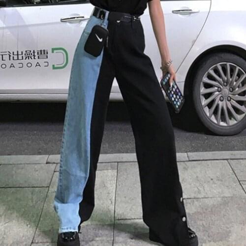 Fashion Baggy Straight Long Denim Pants Casual Womens Trousers 2021 Summer New Black Blue Patchwork High Waist Split Jeans