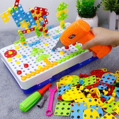 Mosaic puzzle toy Drilling Screw 3D Creative Building Bricks Toys For Children Kids DIY Electric Drill Set Boys Educational Toy