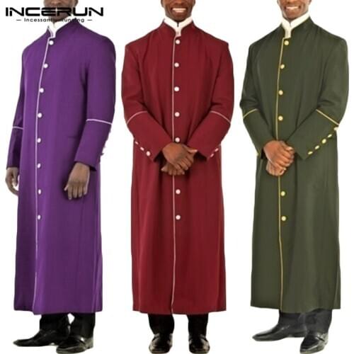 INCERUN Men Jubba Thobe Long Sleeve Stand Collar 2021 Saudi Arabi Muslim Islamic Kaftan Coats Fashion Button Men Robes Clothing
