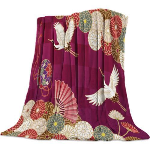 Red Crane Japanese Pattern Art Flower Printed Soft Fleece Blankets Warm Sofa Bed Sheets