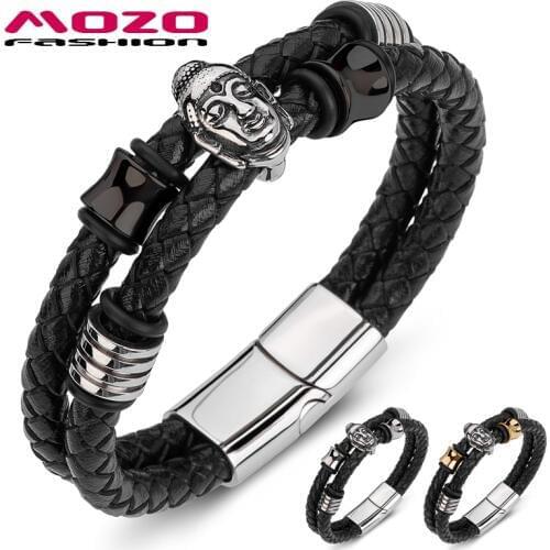 2020 New Male Bracelet Braided Leather Rope Chain Stainless Steel Buddhism Punk Bangle Buddha Jewelry