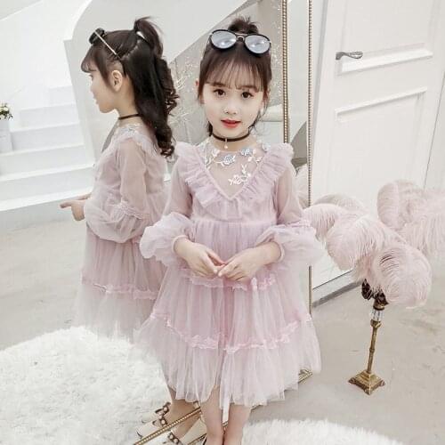 2021 New Spring Autumn Children Girl Lace Mesh Floral Princess Dress Kids Dresses For Girls Toddler Girl Clothing Vestidos L268