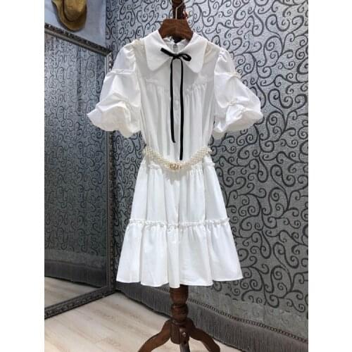 New Princess Womens Dress 2021 Summer Ladies Turn-down Collar Pleated Deco Short Sleeve Casual White Dress Beading Belts
