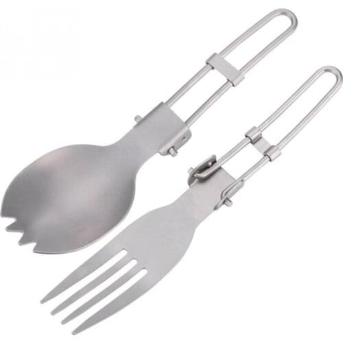 Portable Camping Tablewares Folding Titanium Spoon Fork Outdoor Picnic Barbecue Hiking Camping Cutlery Travel Tableware