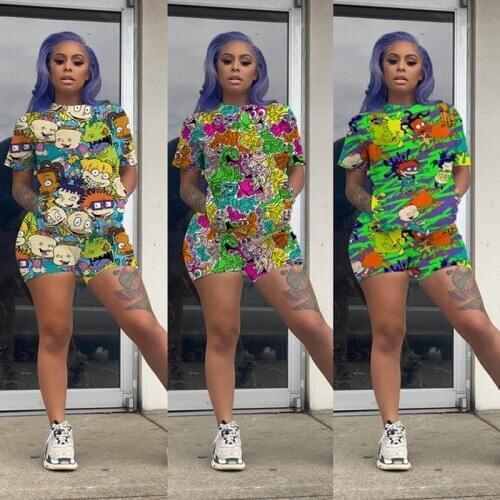 Cartoon print casual short sleeve suit round neck outer wear street Women‘s clothing Short sleeve shorts fashion beach apparel