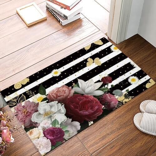Stripes Daisy Butterfly Flower Anti-Slip Doormat Bedroom Kitchen Mat Bathroom Rug Home Doormat for Entrance Door