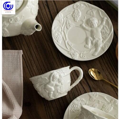 French Angel relief retro Ceramic Teapot Tea Set afternoon tea coffee cup plate European palace style