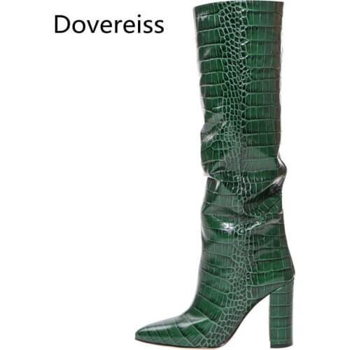 Dovereiss Fashion Female boots Winter new Elegant sexy consice Gray Pointed toe Block heelsPure color Knee high boots 33-48