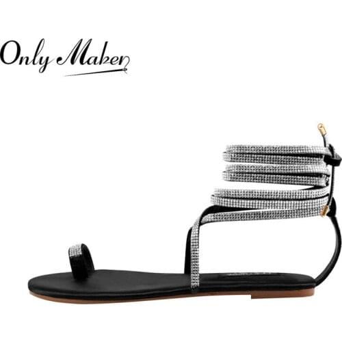 Onlymaker Summer Women Lace-Up Flats Sequin Crystal Silver Cross Strap Matte Black Flip Flops Comfortable Big Size Casual