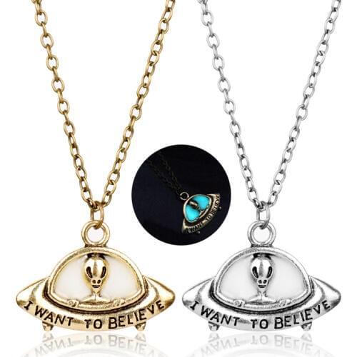 Luminous Antique Bronze Alien UFO Pendant Necklace Engraved I WANT TO BELIEVE Vintage Glow in Dark Necklace -30