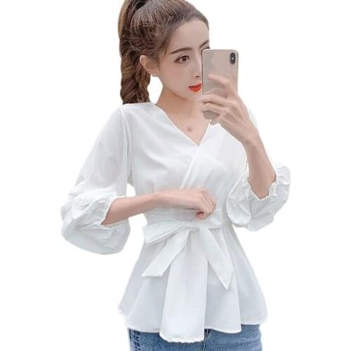 Spring Shirt Women V-neck Shirt Three-quarter Sleeves Waist Pleated Western Style Blouse 2021