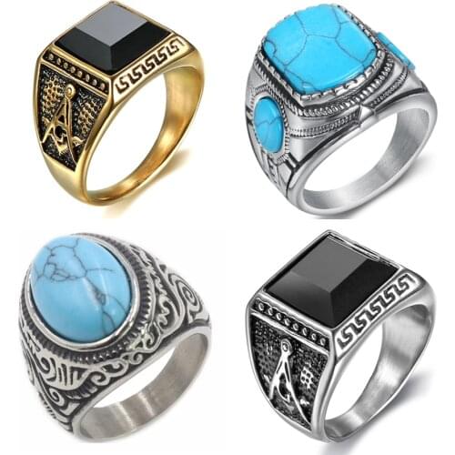 10pcs/lot Vintage Blue Jewelry Stone Ring Stainless Steel Masonic Freemason Rings Free Mason Mens Jewelry Accessory Wholesale