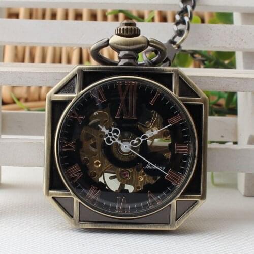 Vintage Antique Square Case Mechanical Watches Hand Wind Transparent Case Pocket & Fob Watch with Chain 10pcs/lot