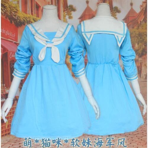 Japan Mori Womens College Lolita Cat Naval Style Long Sleeves High Waist Sailor Dress Daily