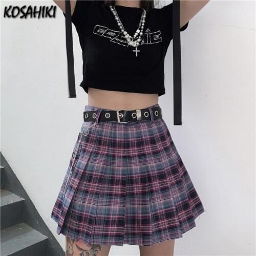 KOSAHIKI Skirts Women Fashion Plaid Mini Skirt Casual School Girl A-Line High Waist Pleated Belted Chain Skirts Streetwear