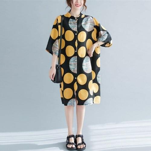 Oversized Women Casual Long Shirts New Arrival 2021 Summer Vintage Style Stand Collar Polka Dot Print Loose Female Tops S3539
