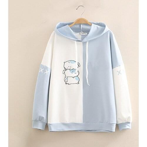 Fashion Winter Cartoon Patchwork Sweatshirt Womens Hoodies Harajuku Warm Pullover Drawstring Korean Style Anime Hoodie Top