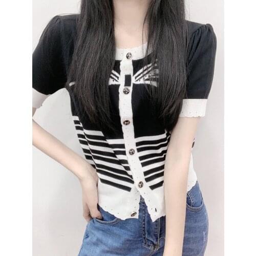 Knitted Summer Thin High Waist Short Women T Shirt Striped Cardigan Short Puff Sleeve O Neck Elegant Buttons Top Ins Style 2021