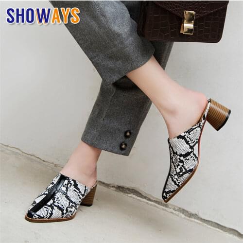 Big Size 44 Faux Snakeskin Women Mules High Block Heels Pointed Toe Pumps White Casual Slip-on Summer Outdoor Sexy Lady Slippers