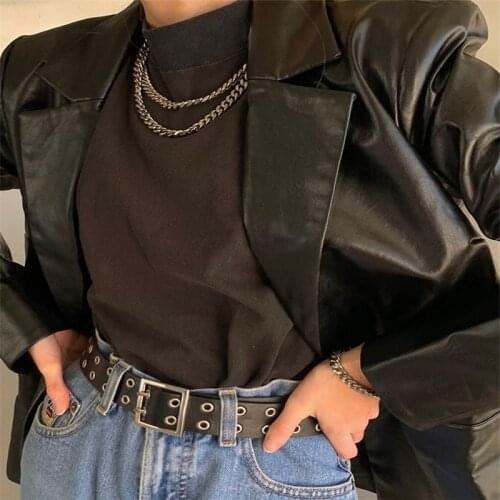 Women Black PU Leather Blazer, Casual Cool Smooth Lapel Long Sleeve Button Jacket Coats