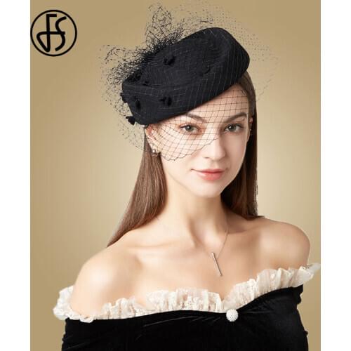 FS Vintage Black Veil Pillbox Hats Wool French Berets Women Winter Felt Hats Party Church Wedding Fascinator Fedoras Chapeau