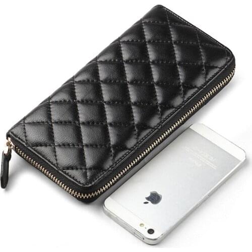 036 Sheepskin Women Plaid Long Zipper Purse Soft Wallet